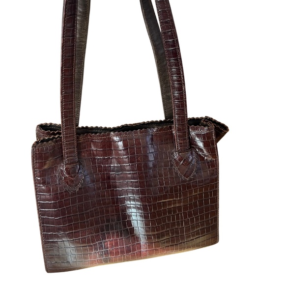 Donald J. Pliner Genuine Leather Handbag Croc-embossed Brown Patent Shine - Picture 5 of 13